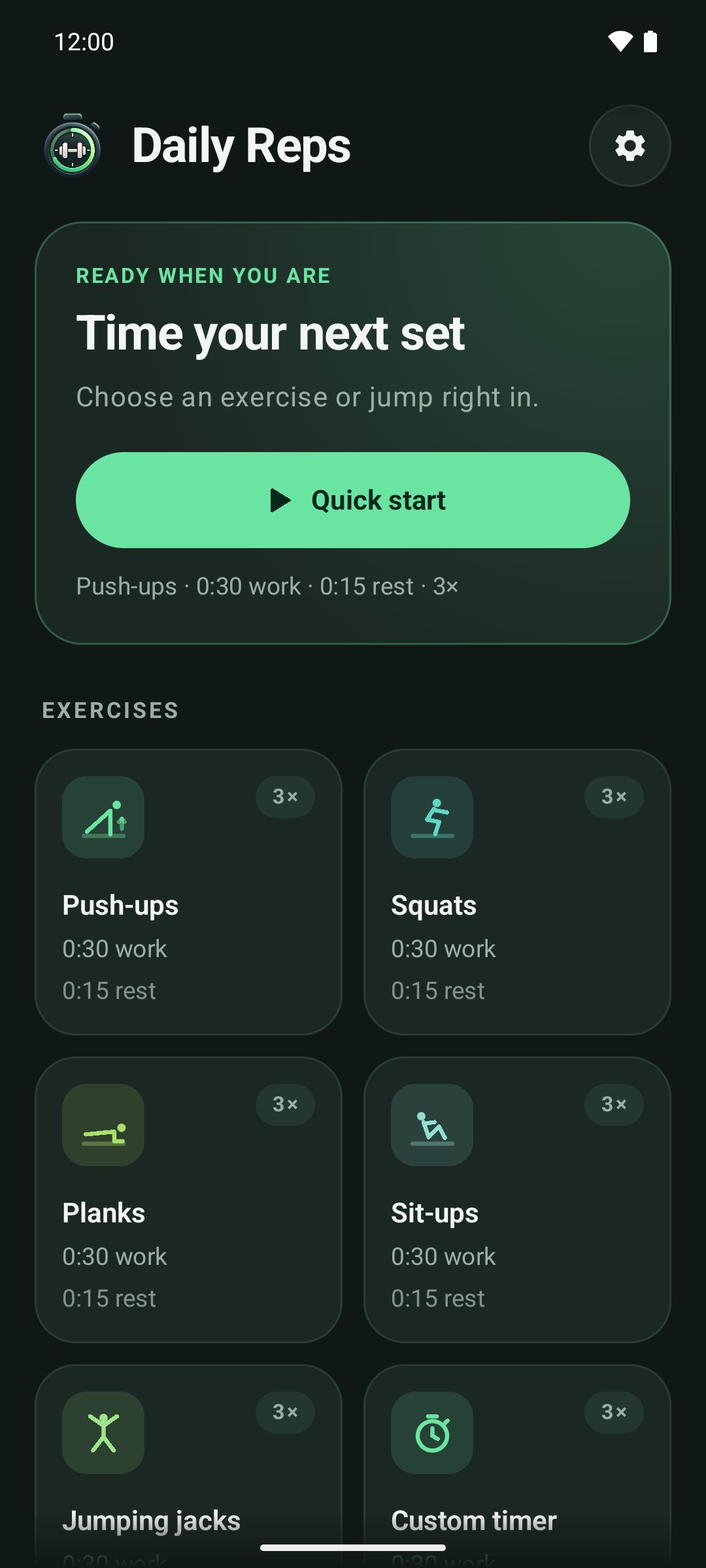Daily Reps home screen with a Quick start button and cards for push-ups, squats, planks, sit-ups, jumping jacks and a custom timer