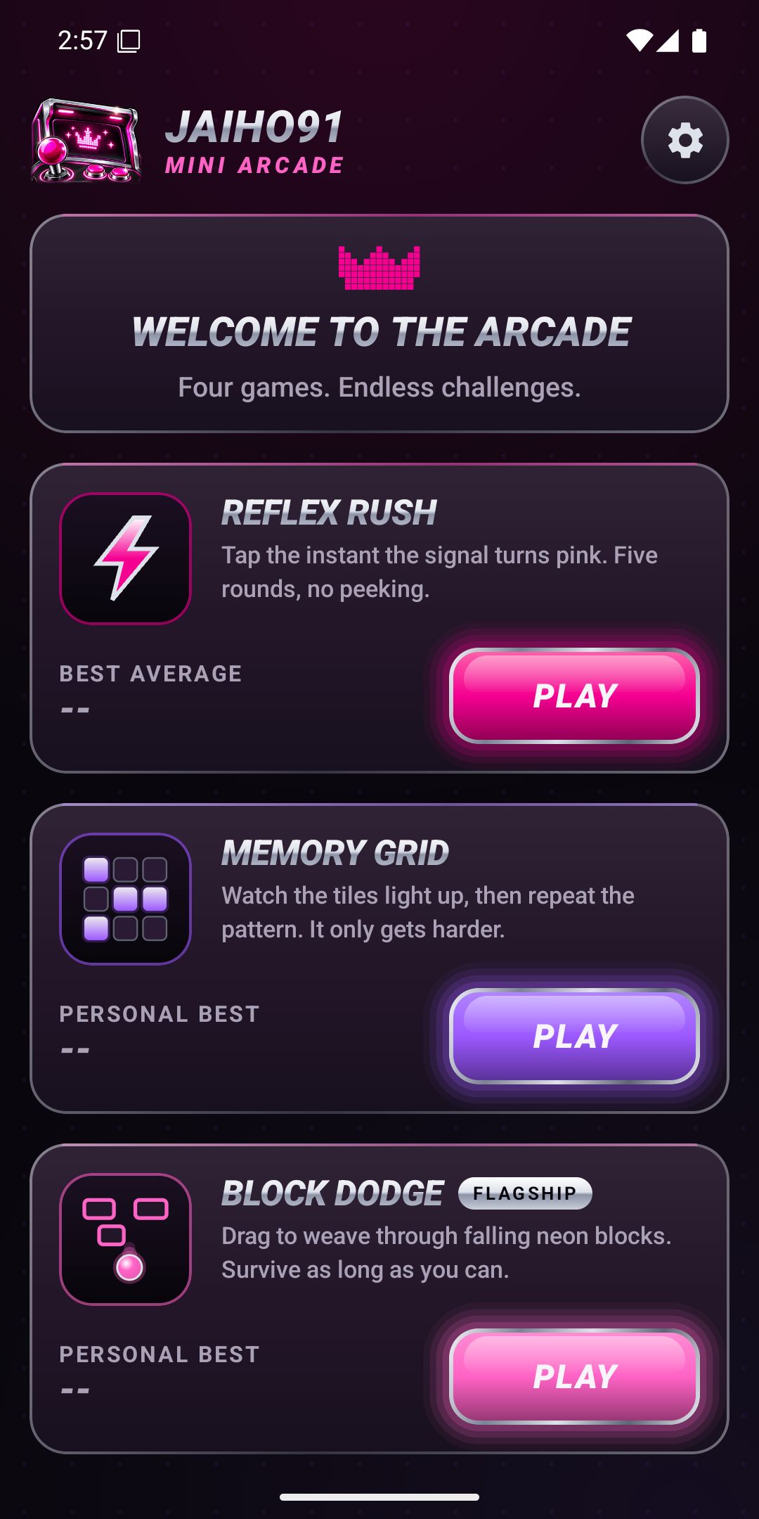Jaiho91 Mini Arcade home screen with cards for Reflex Rush, Memory Grid, Block Dodge and Color Match