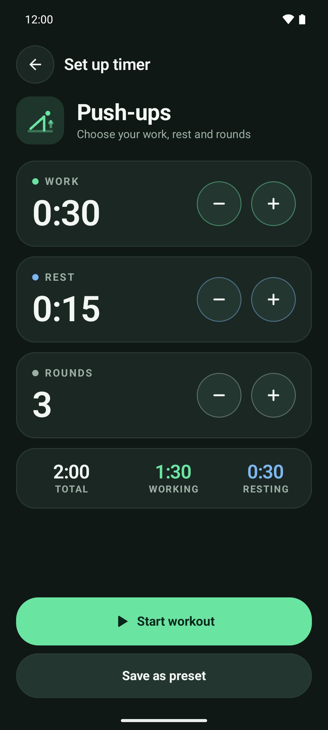 Timer setup screen showing 30 seconds of work, 15 seconds of rest, 3 rounds and a two-minute total