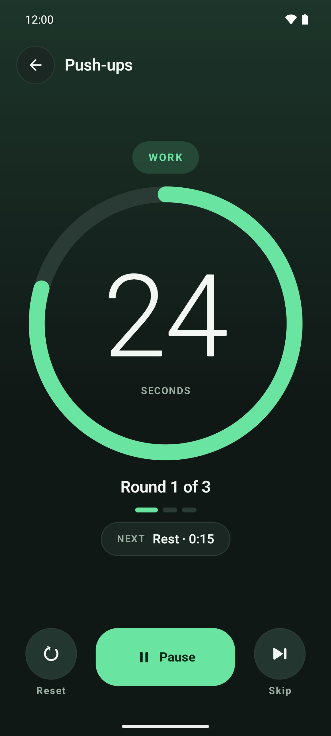 Active work interval with a large countdown inside a green progress ring and Pause, Reset and Skip controls
