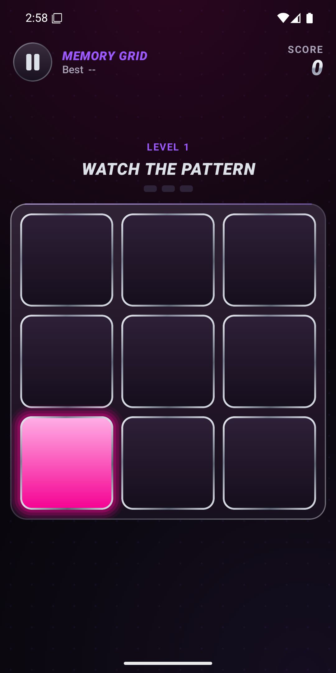 Memory Grid showing a three by three grid of tiles with one lit