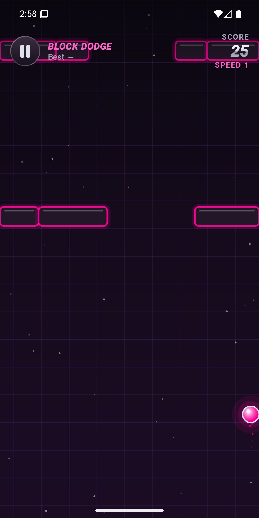 Block Dodge with neon blocks falling toward a pink orb