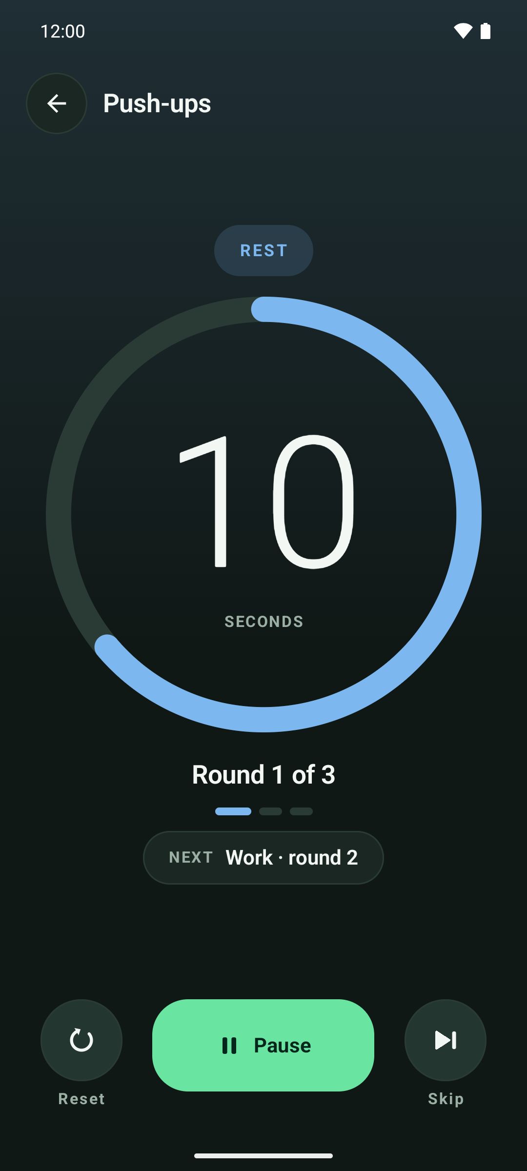 Rest interval shown in blue with the next work round displayed below the countdown