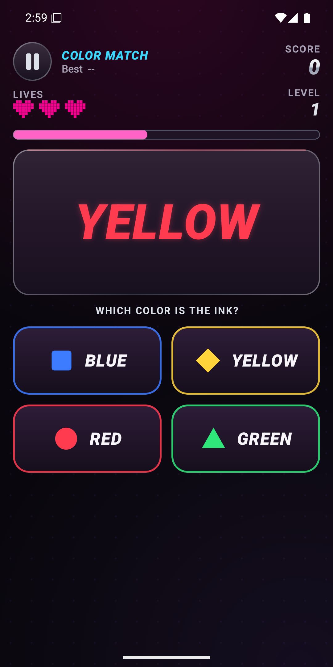 Color Match with the word YELLOW printed in red and four colored answer buttons