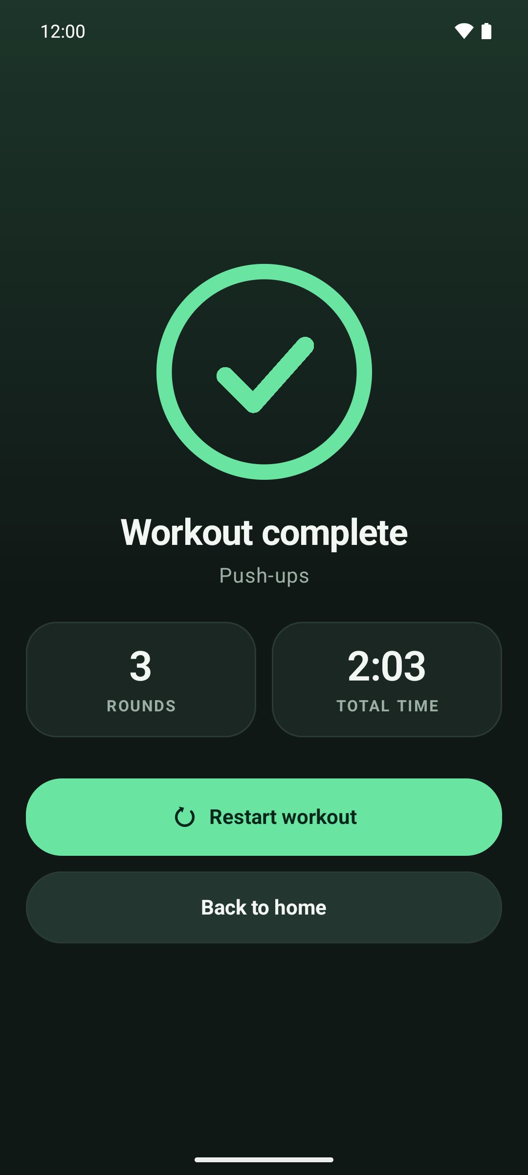 Workout complete screen showing 3 rounds and a total time of 2 minutes 3 seconds