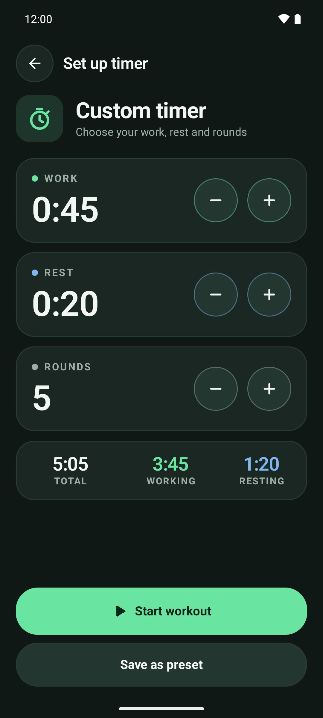 Custom timer set to 45 seconds of work, 20 seconds of rest and 5 rounds