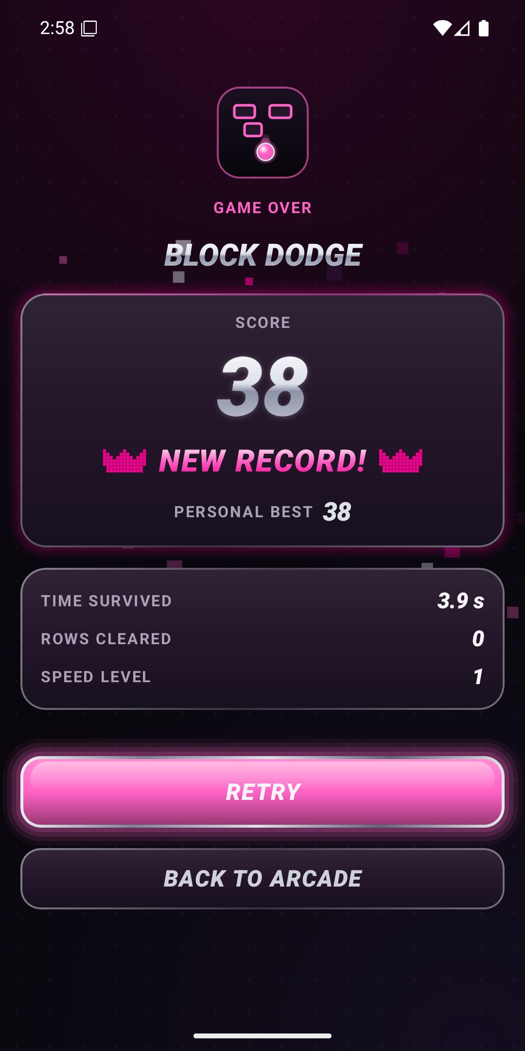 Results screen with a new record and the stats of the run