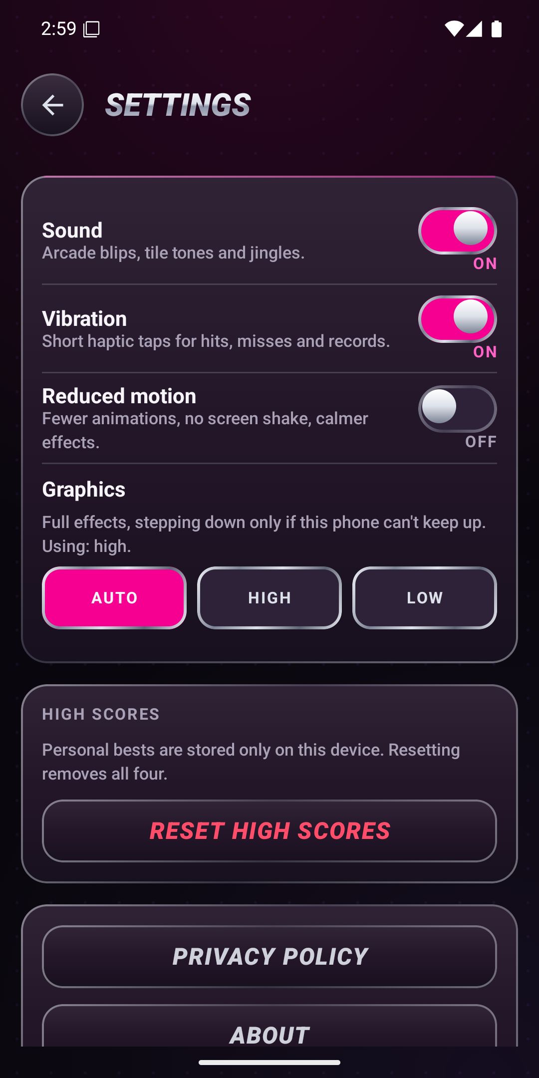 Settings screen with sound, vibration, reduced motion and graphics options
