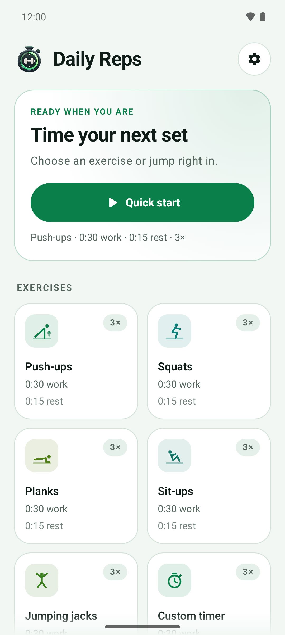The Daily Reps home screen in the light theme